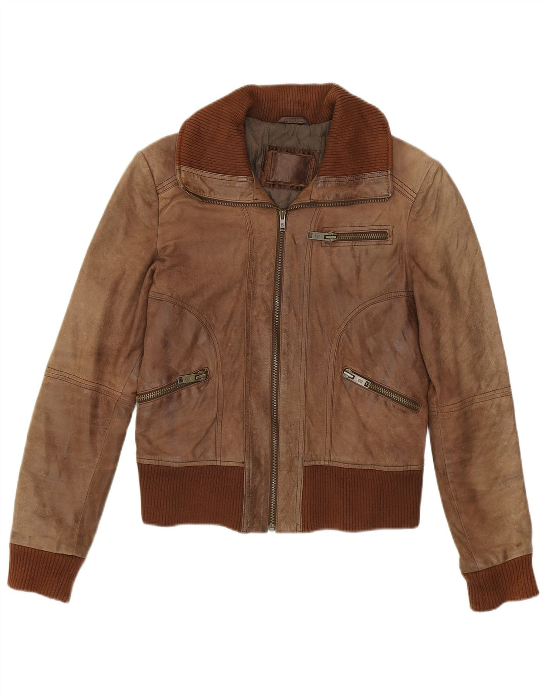 Giubbotto bomber in pelle da donna Bershka UK 14 grande in pelle marrone