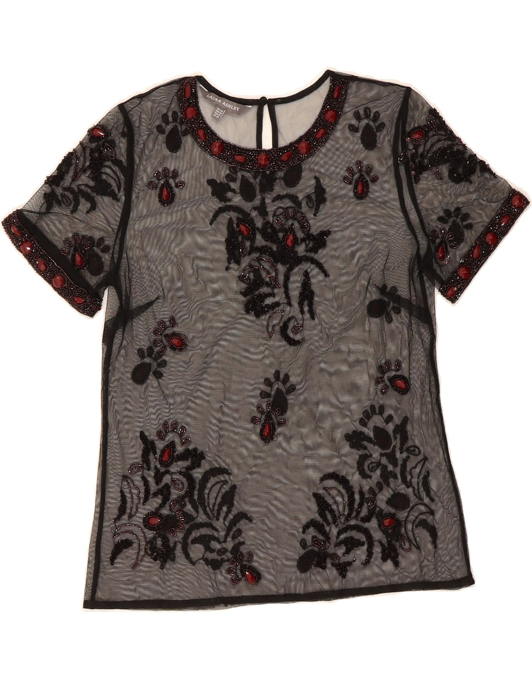 LAURA ASHLEY Womens See Through Blouse Top UK 10 Small Black Floral Vintage Laura Ashley and Second-Hand Laura Ashley from Messina Hembry 