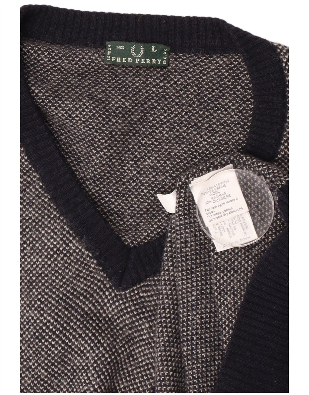 Maglione da uomo con scollo a V Fred Perry, grande, in lana maculata blu navy