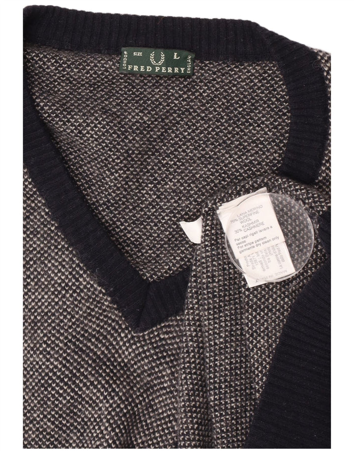 Maglione da uomo con scollo a V Fred Perry, grande, in lana maculata blu navy