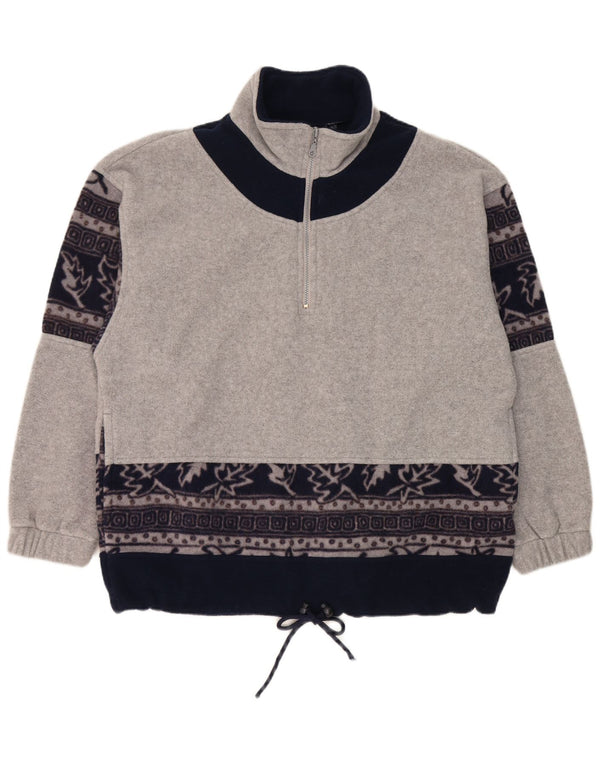 Maglione in pile da uomo vintage con zip sul collo, grande poliestere floreale grigio