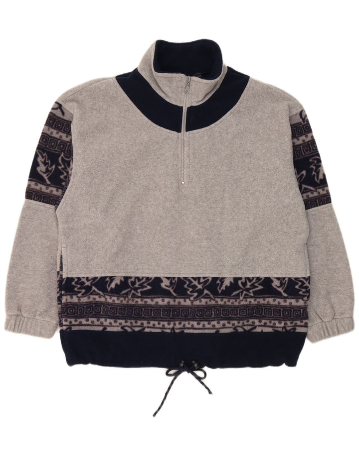 Maglione in pile da uomo vintage con zip sul collo, grande poliestere floreale grigio