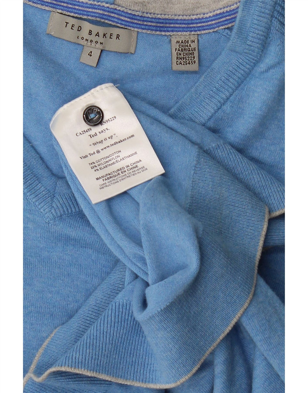 TED BAKER Maglione da uomo con scollo a V taglia 4 grande cotone screziato blu