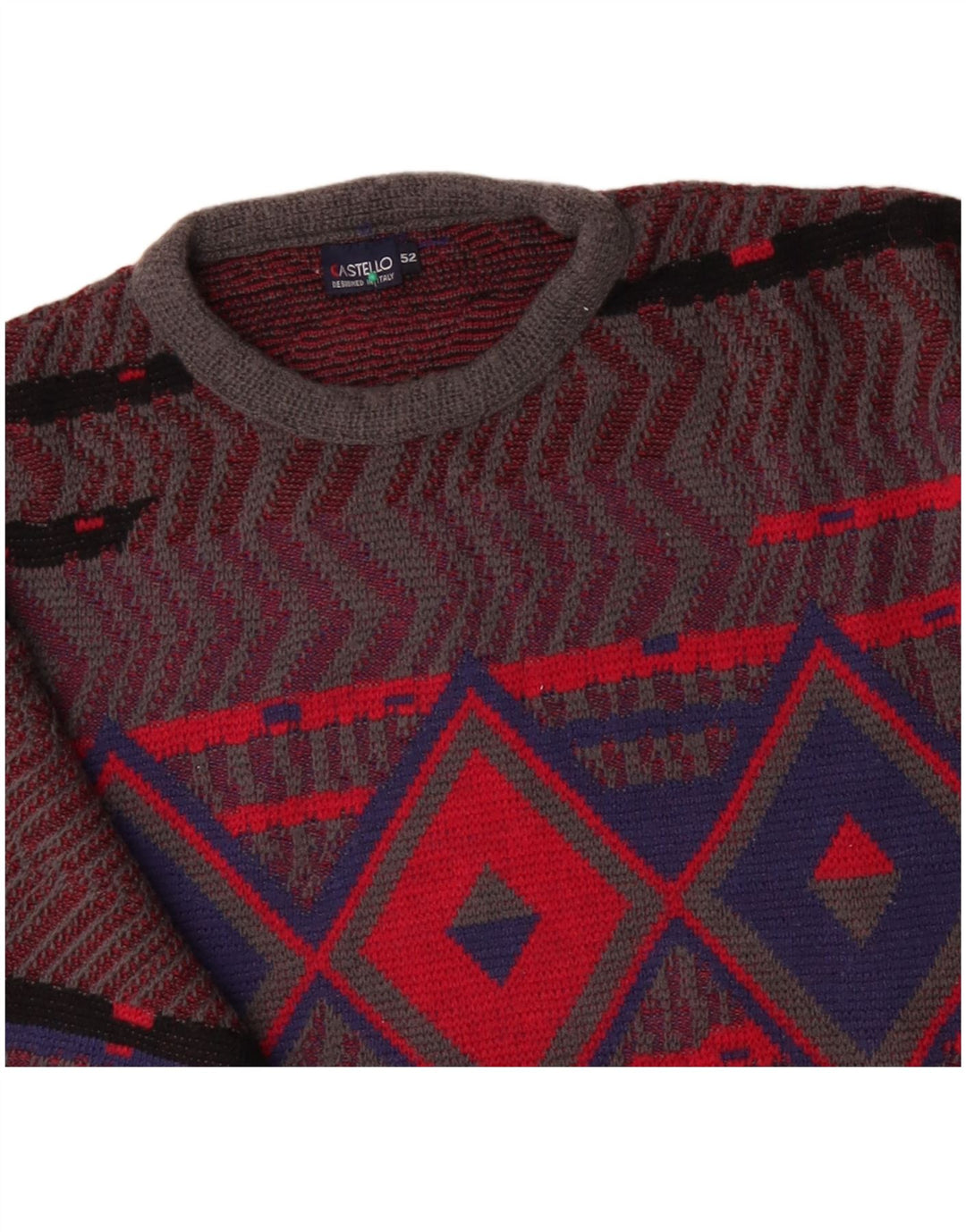 CASTELLO Maglione girocollo da uomo IT 52 Large Red Argyle/Diamond Wool