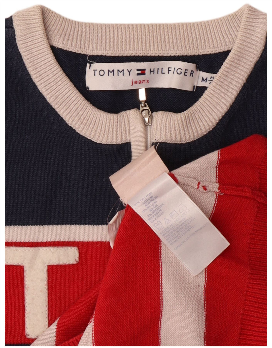 TOMMY HILFIGER Maglione da donna con collo con zip UK 12 a righe rosse medie