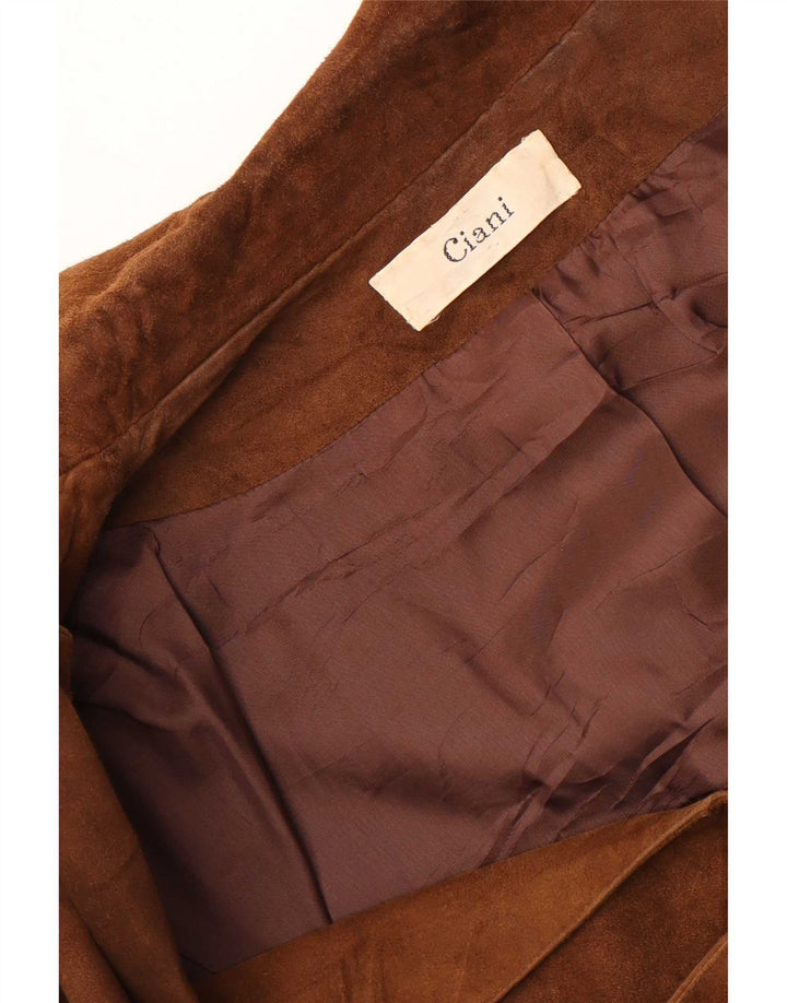 Giacca blazer in pelle scamosciata a 1 bottone vintage da donna lunga UK 10 piccola marrone