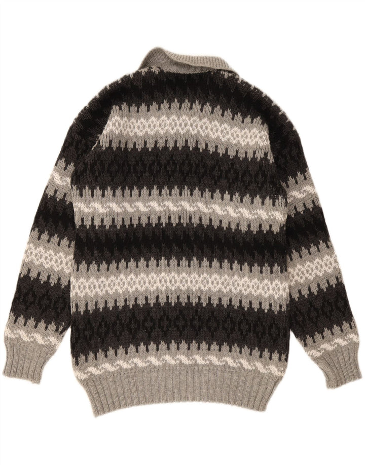 Maglione vintage da uomo con collo a polo, grande grigio geometrico