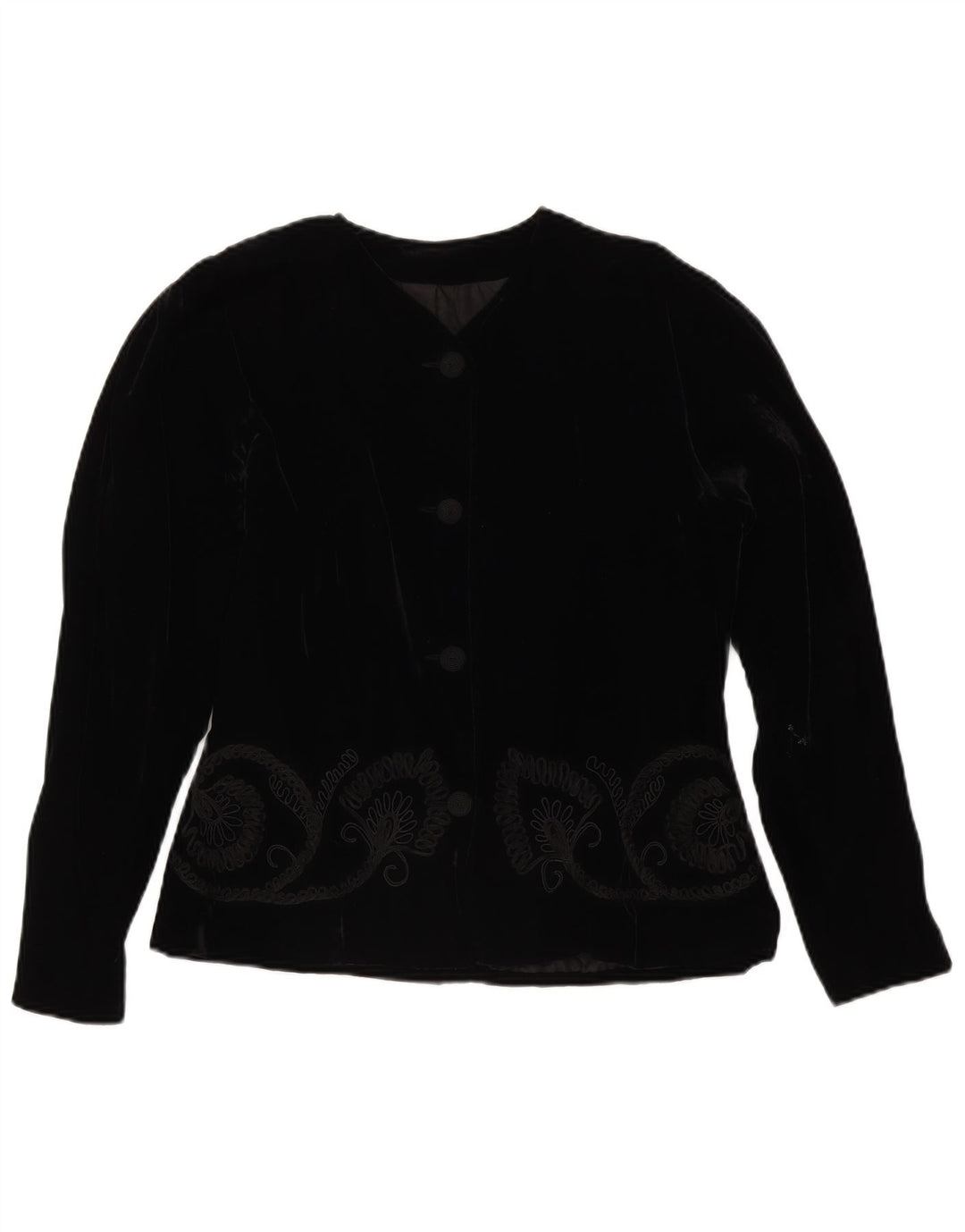 Giacca blazer in velluto a 4 bottoni vintage da donna UK 14 medio nero floreale
