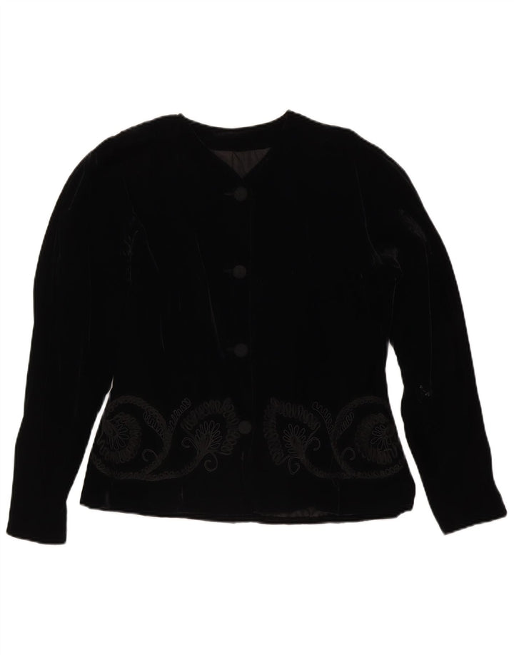 Giacca blazer in velluto a 4 bottoni vintage da donna UK 14 medio nero floreale