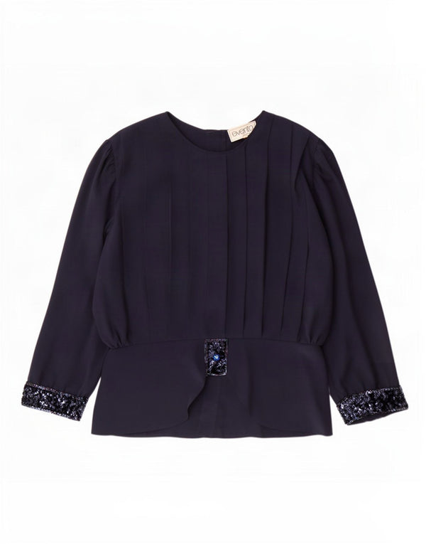 Top camicetta vintage da donna con maniche a 3/4 UK 14 grande poliestere blu navy