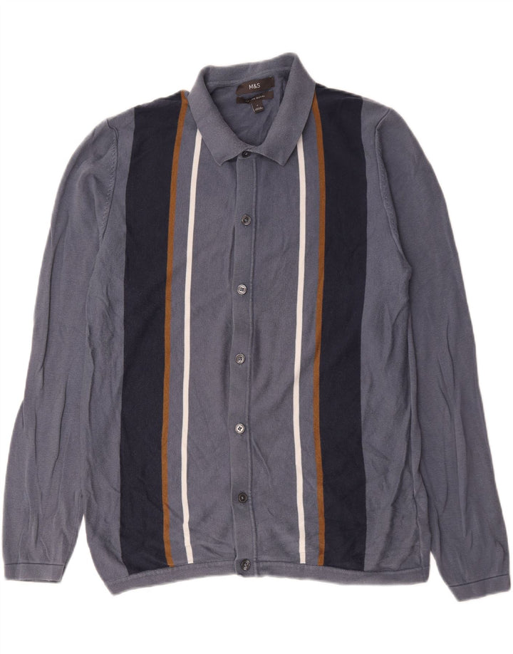 Maglione cardigan da uomo Marks & Spencer grande cotone a righe blu navy