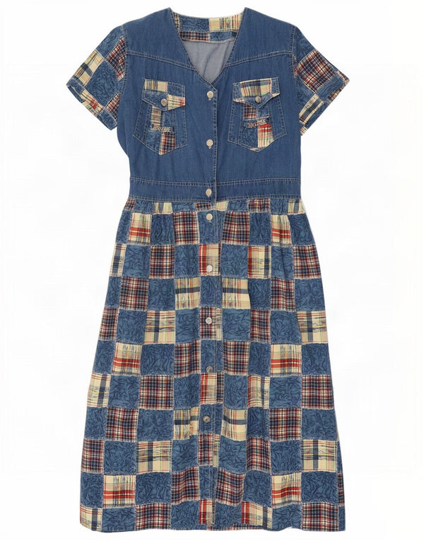 Abito in denim vintage da donna UK 14 Patchwork blu medio