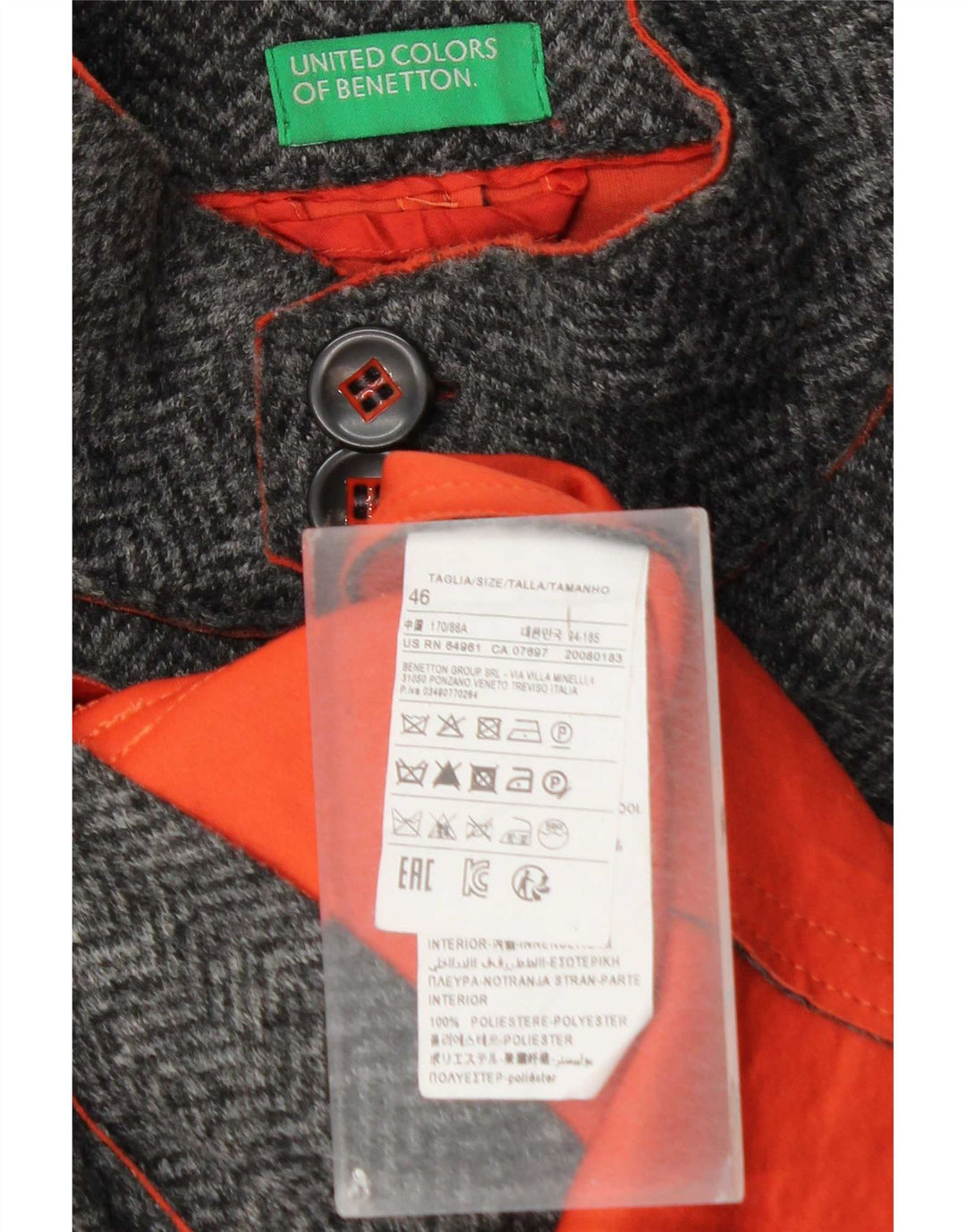 Giacca utility da uomo Benetton IT 46 Small Poliestere a spina di pesce grigio
