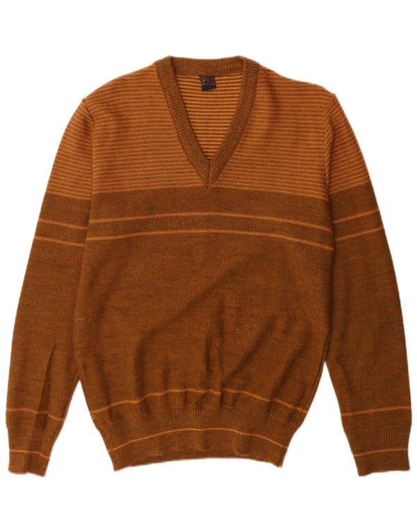 Maglione vintage da uomo con scollo a V in acrilico a righe marrone medio