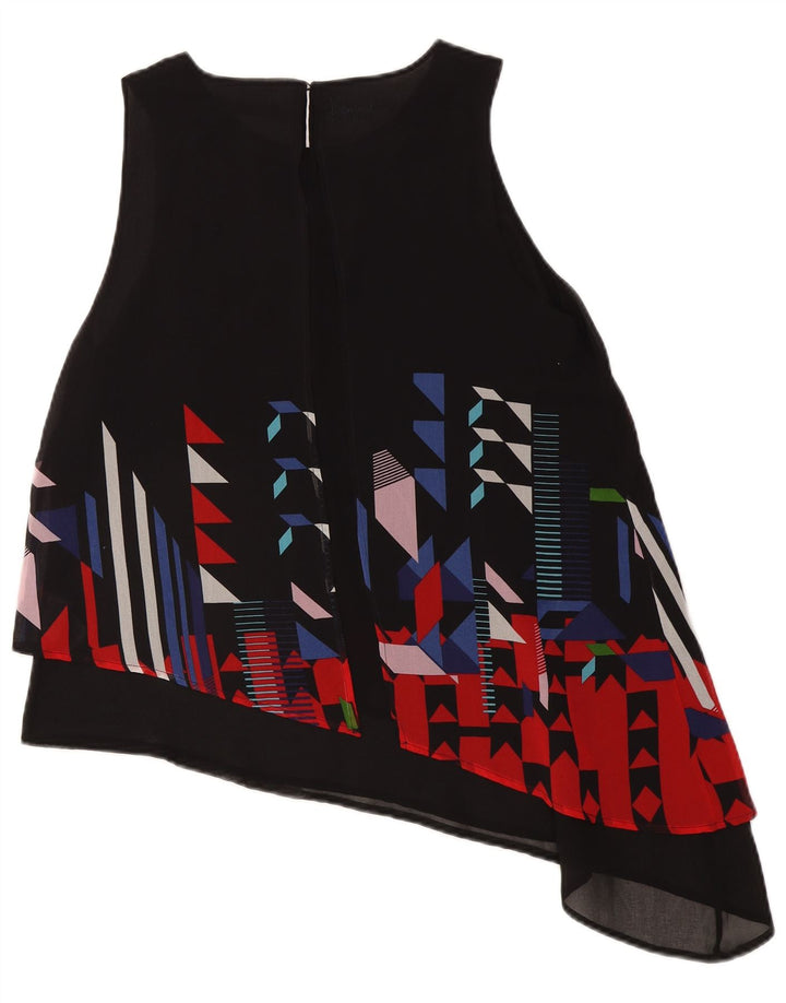 Desigual Donna Camicetta Asimmetrica Top UK 14 Grande Poliestere Nero Geometrico