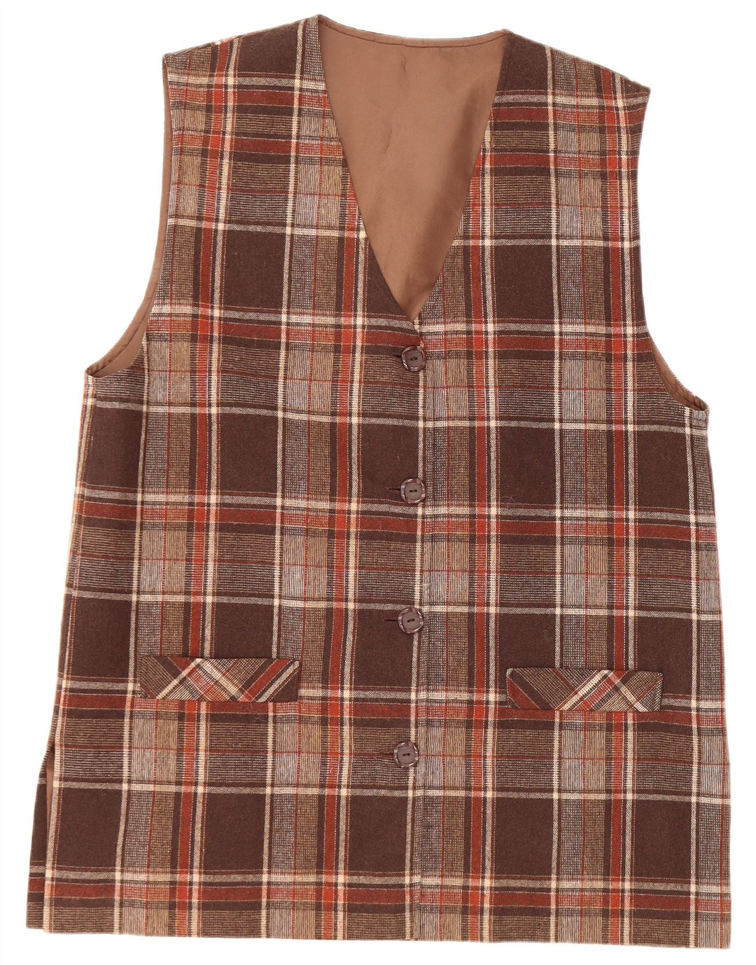 Giacca blazer senza maniche da donna a 4 bottoni VINTAGE UK 16 grande quadretto marrone