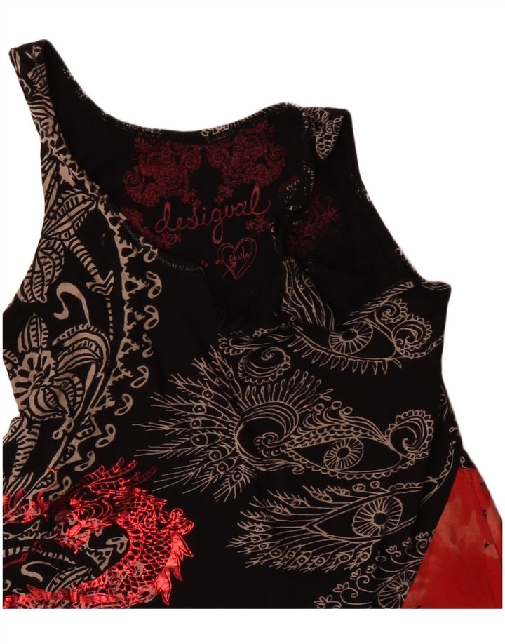 DESIGUAL Top tunica asimmetrica senza maniche da donna UK 10 piccolo floreale nero