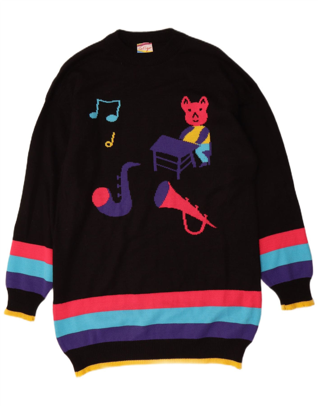 Abito maglione grafico da donna VINTAGE UK 16 Large Black Colourblock