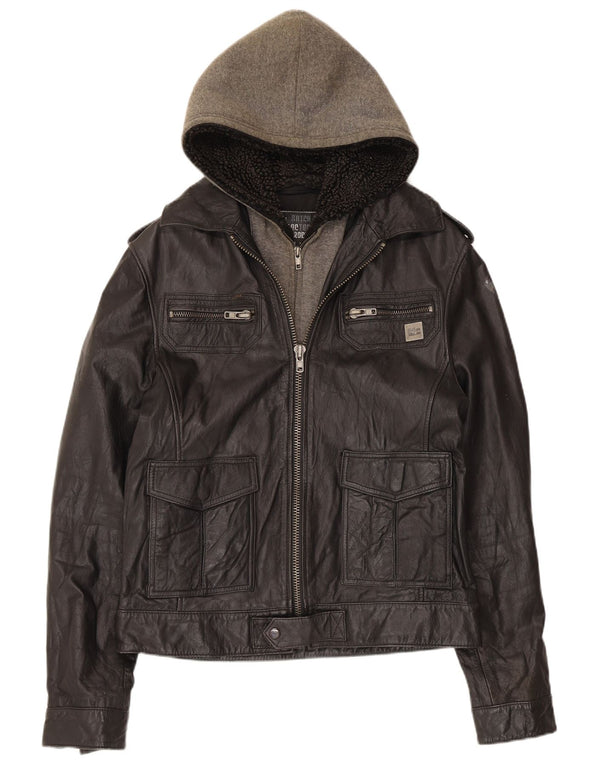 River Island Giacca in pelle militare da uomo UK 36 Small Black Colourblock