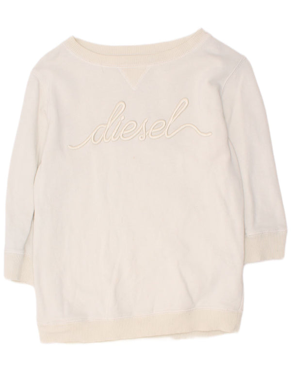 Felpa da donna Diesel con maniche a 3/4 con grafica, maglione UK 4 XS, cotone bianco