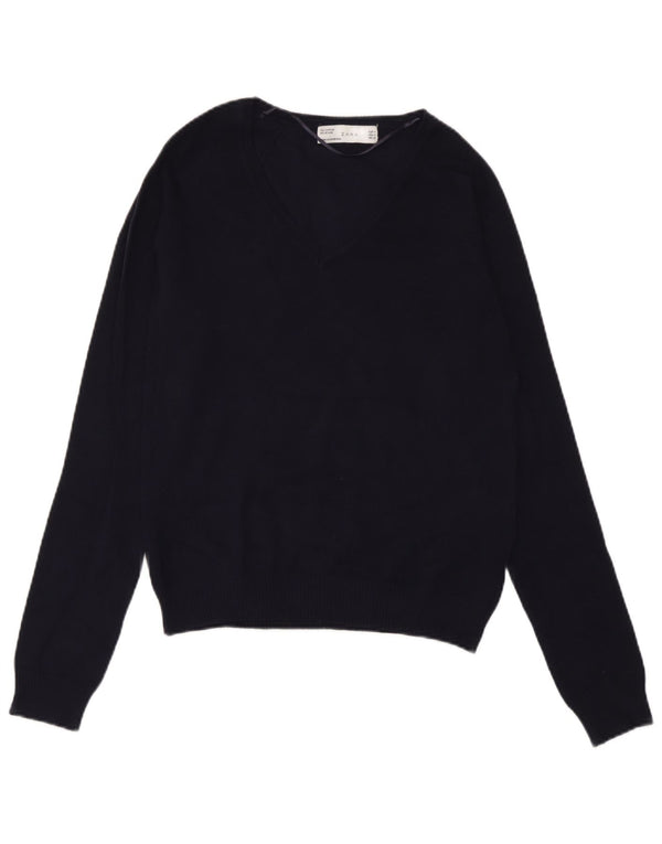 Maglione maglione con scollo a V da donna Zara UK 12 cotone blu navy medio