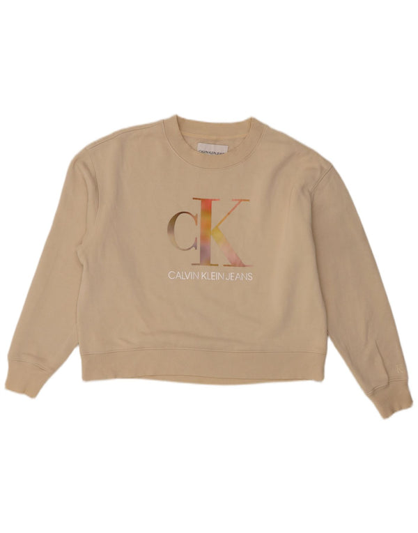 Calvin Klein Jeans da donna Crop Graphic Felpa Maglione UK 14 Beige medio