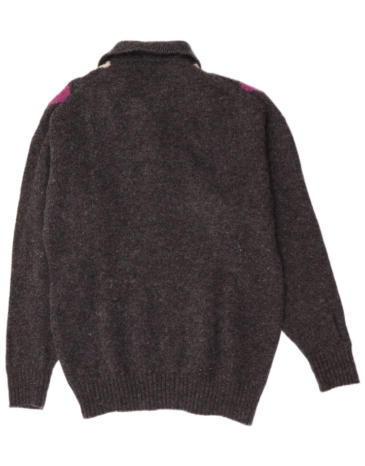 Maglione vintage da uomo con collo alto, grande lana vergine grigia a rombi/diamanti