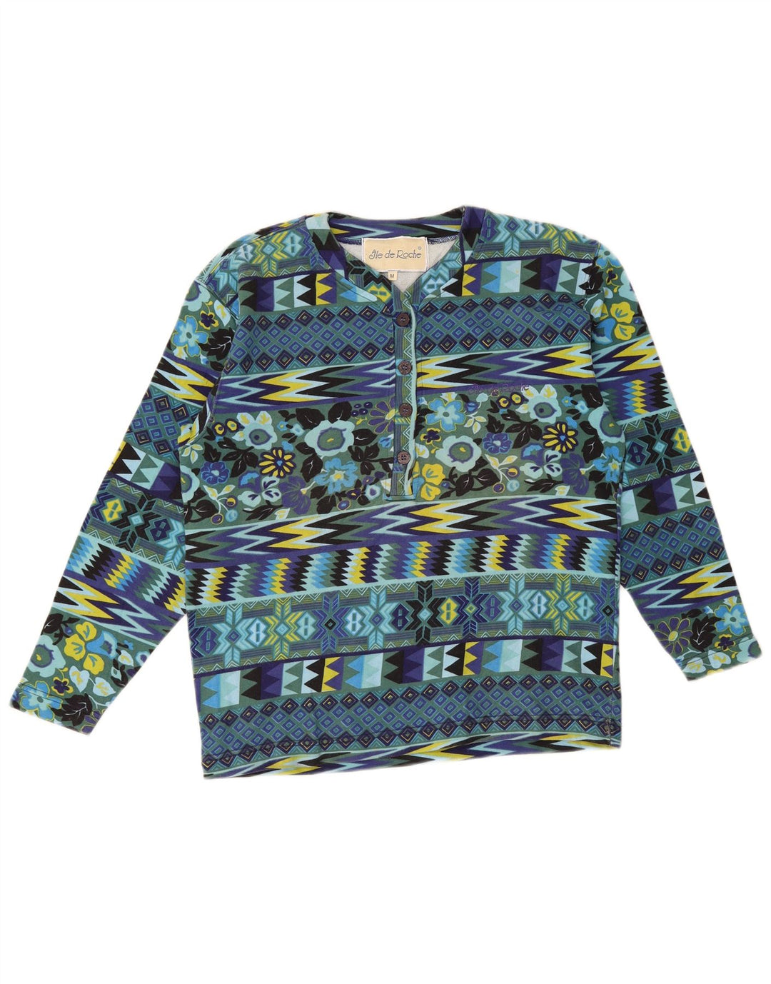 Top da donna vintage a maniche lunghe UK 14 cotone geometrico blu medio