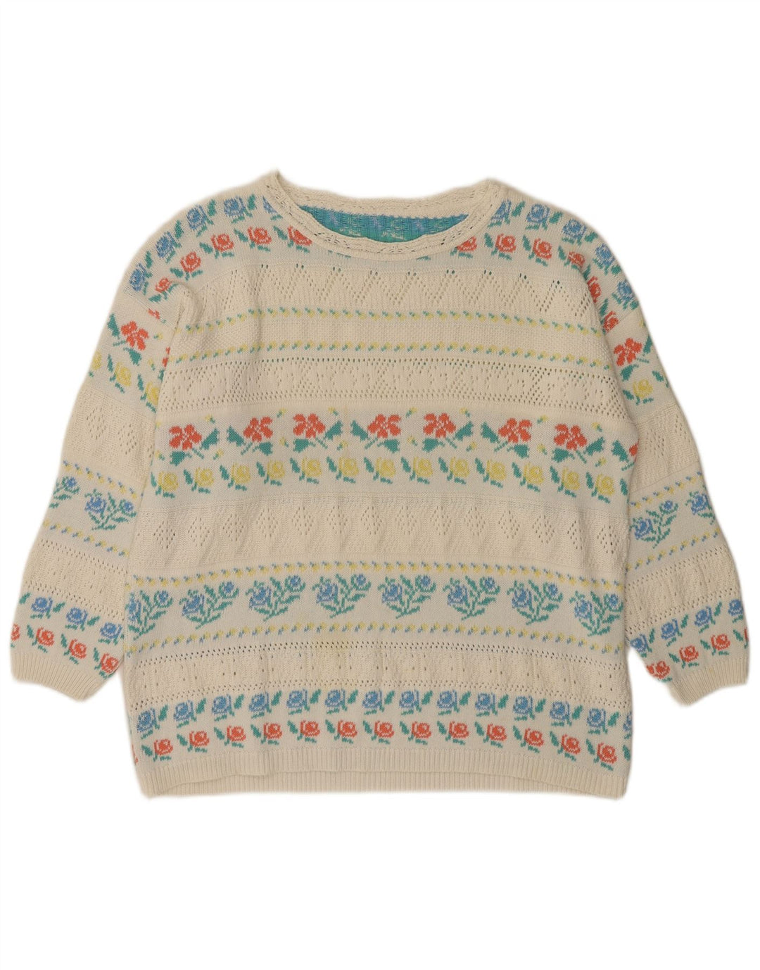 Maglione da donna VINTAGE con scollo a barca IT 46 Grande acrilico floreale bianco