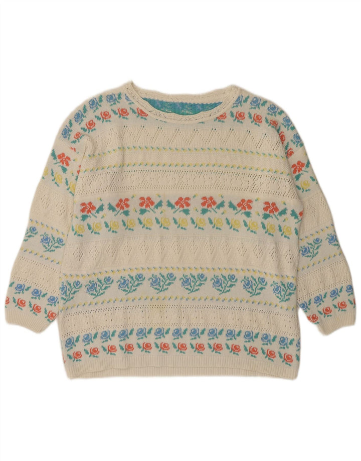 Maglione da donna VINTAGE con scollo a barca IT 46 Grande acrilico floreale bianco