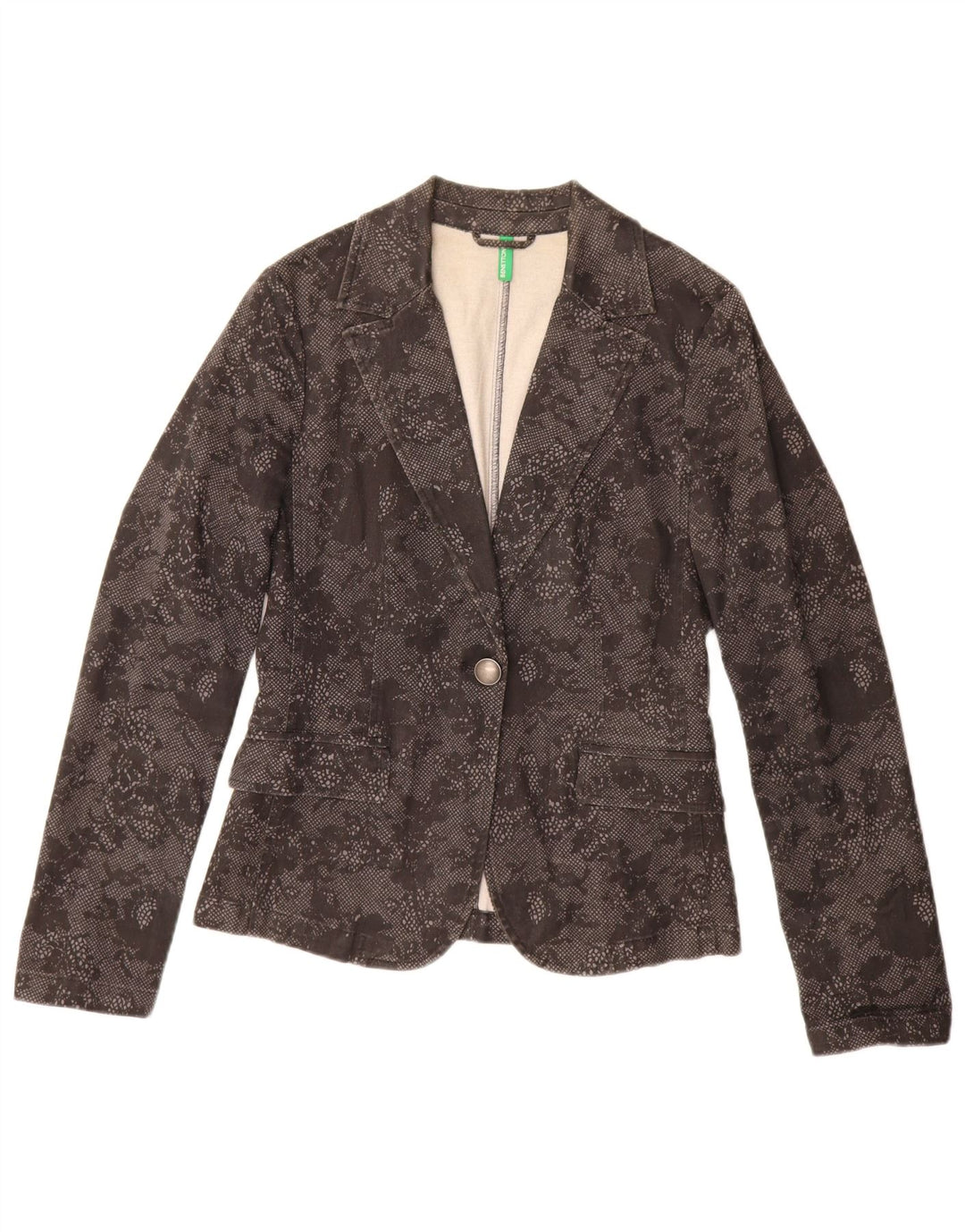 Giacca blazer da donna a 1 bottone Benetton UK 10 piccolo cotone floreale nero
