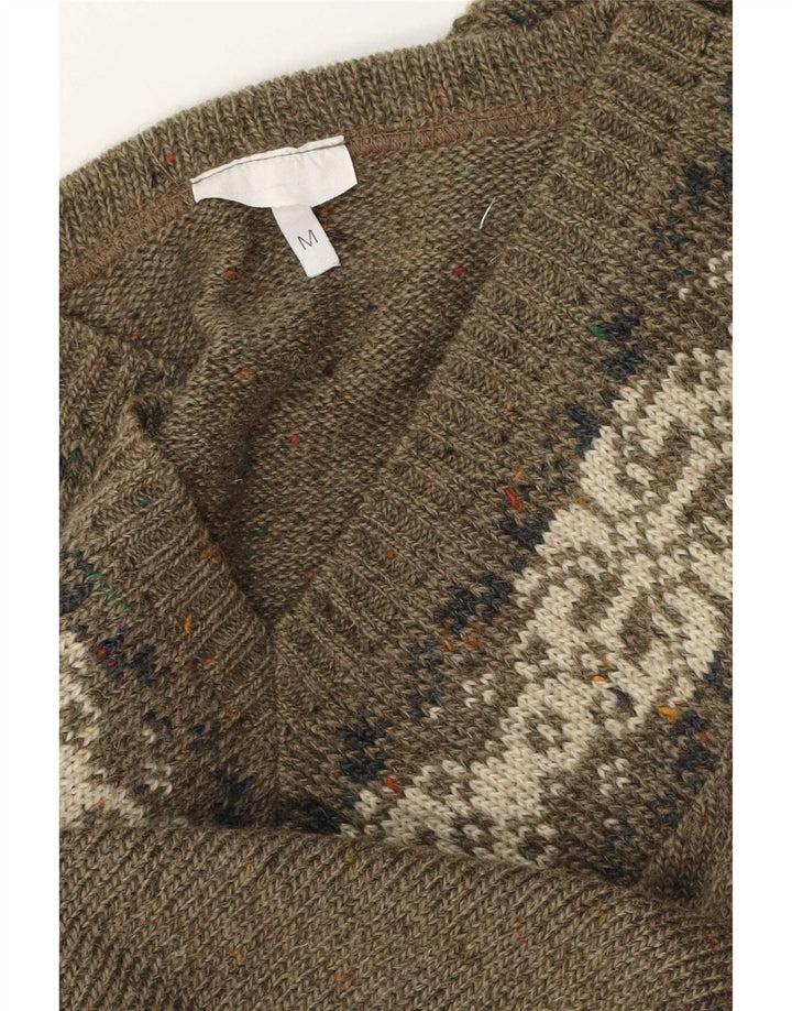 Maglione vintage da uomo con scollo a V medio kaki Fair Isle