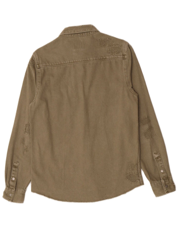 Camicia Zara da uomo in denim dalla vestibilità comoda e invecchiata, piccola, in cotone kaki