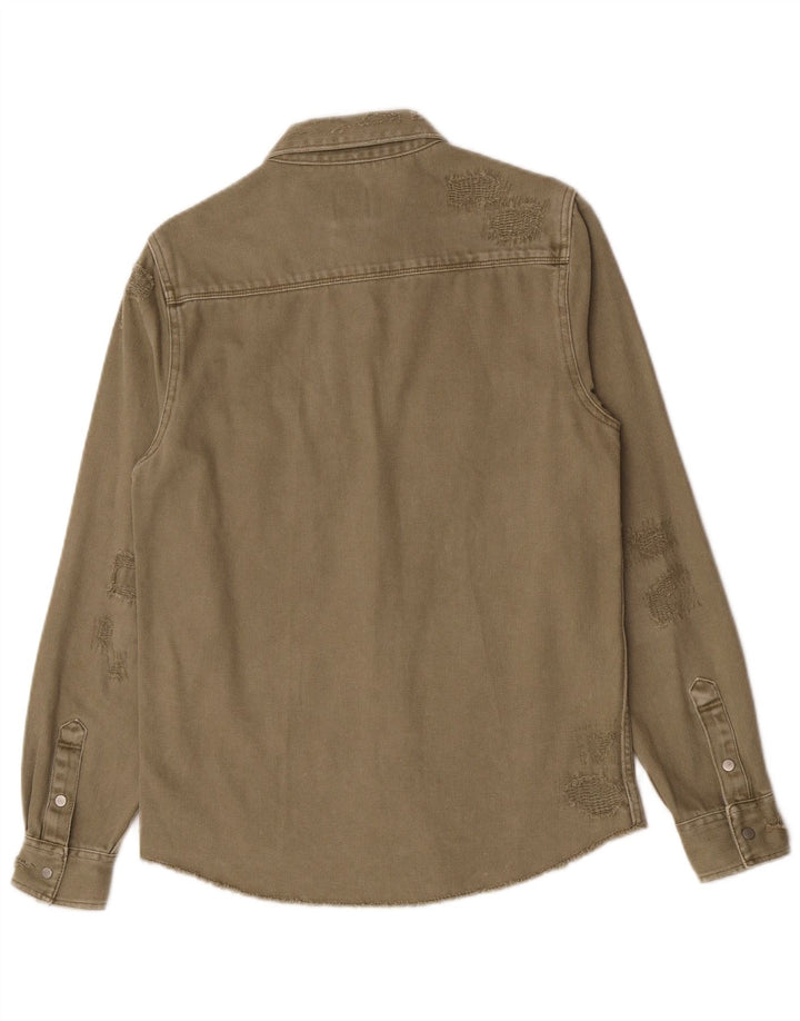 Camicia Zara da uomo in denim dalla vestibilità comoda e invecchiata, piccola, in cotone kaki