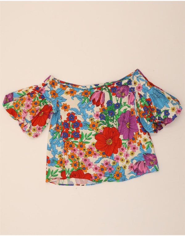 H&M Womens Crop Off Shoulder Top US 12 Large Multicoloured Floral Cotton
