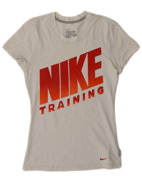 T-shirt grafica Nike Dri Fit da donna, taglia UK 10, piccola, cotone bianco