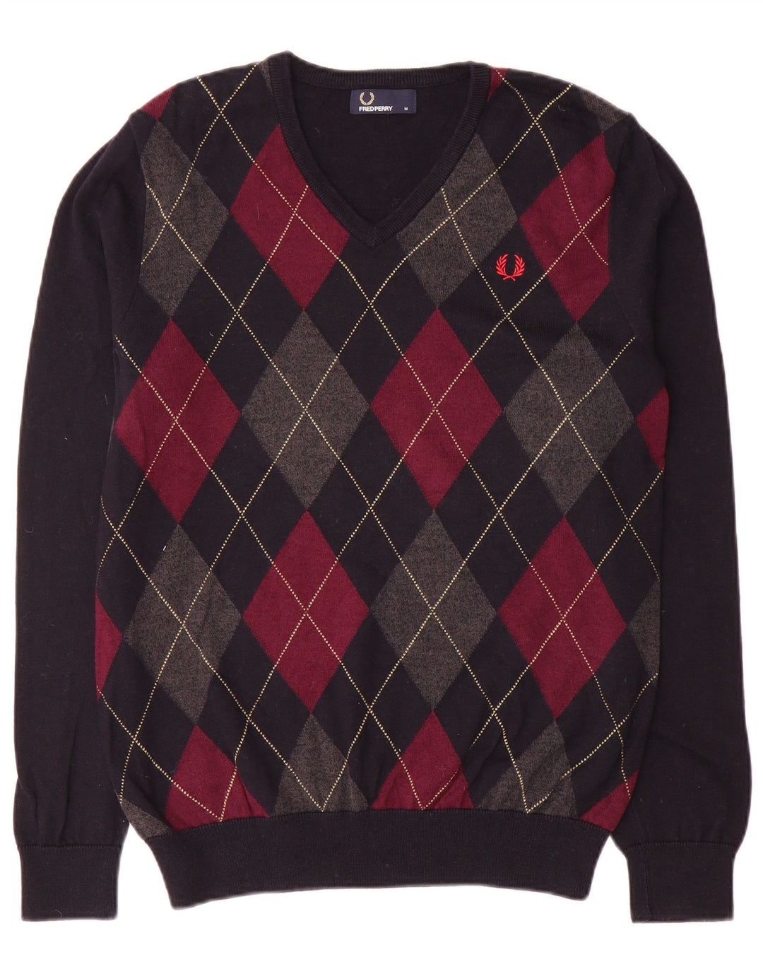 Maglione da uomo con scollo a V Fred Perry, blu navy medio, a rombi/diamante