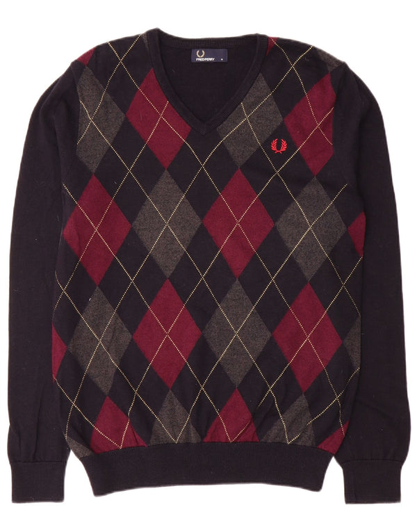 Maglione da uomo con scollo a V Fred Perry, blu navy medio, a rombi/diamante