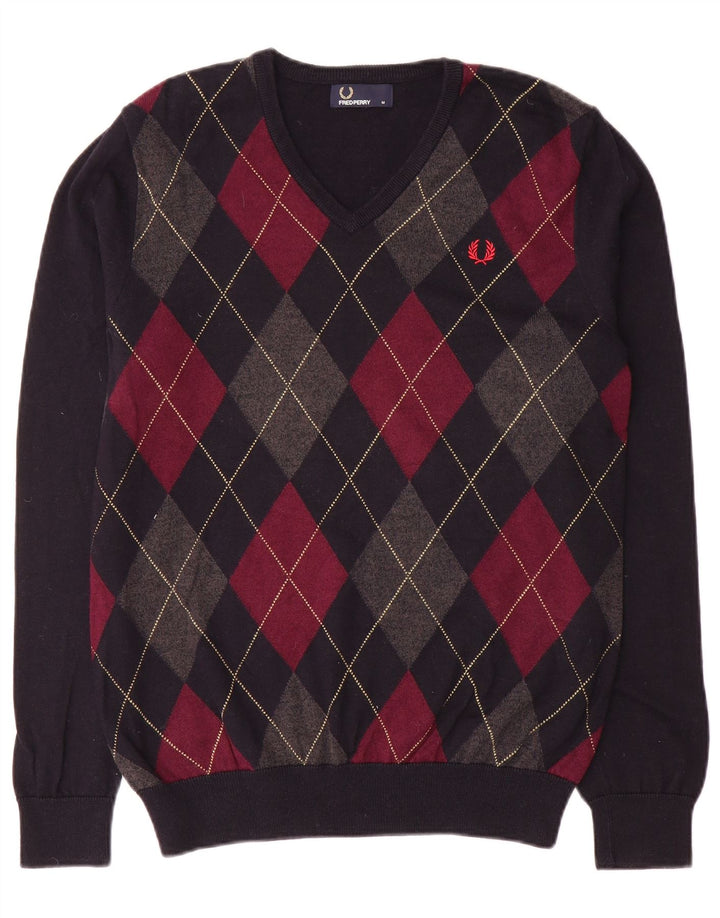 Maglione da uomo con scollo a V Fred Perry, blu navy medio, a rombi/diamante
