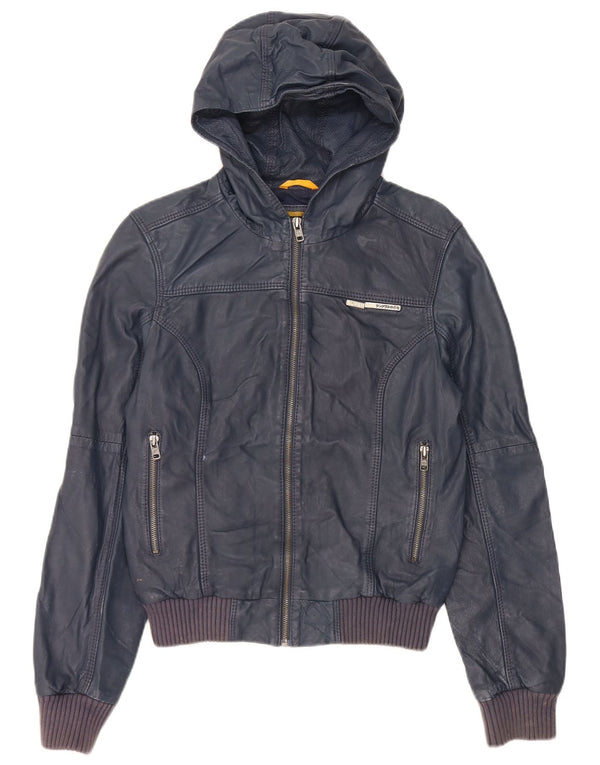 Giacca in pelle con cappuccio da donna Superdry UK 14 pelle blu navy media