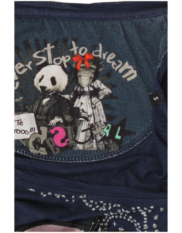 Desigual Donna Abstract Pattern Camicetta Top UK 10 Small Blu Navy