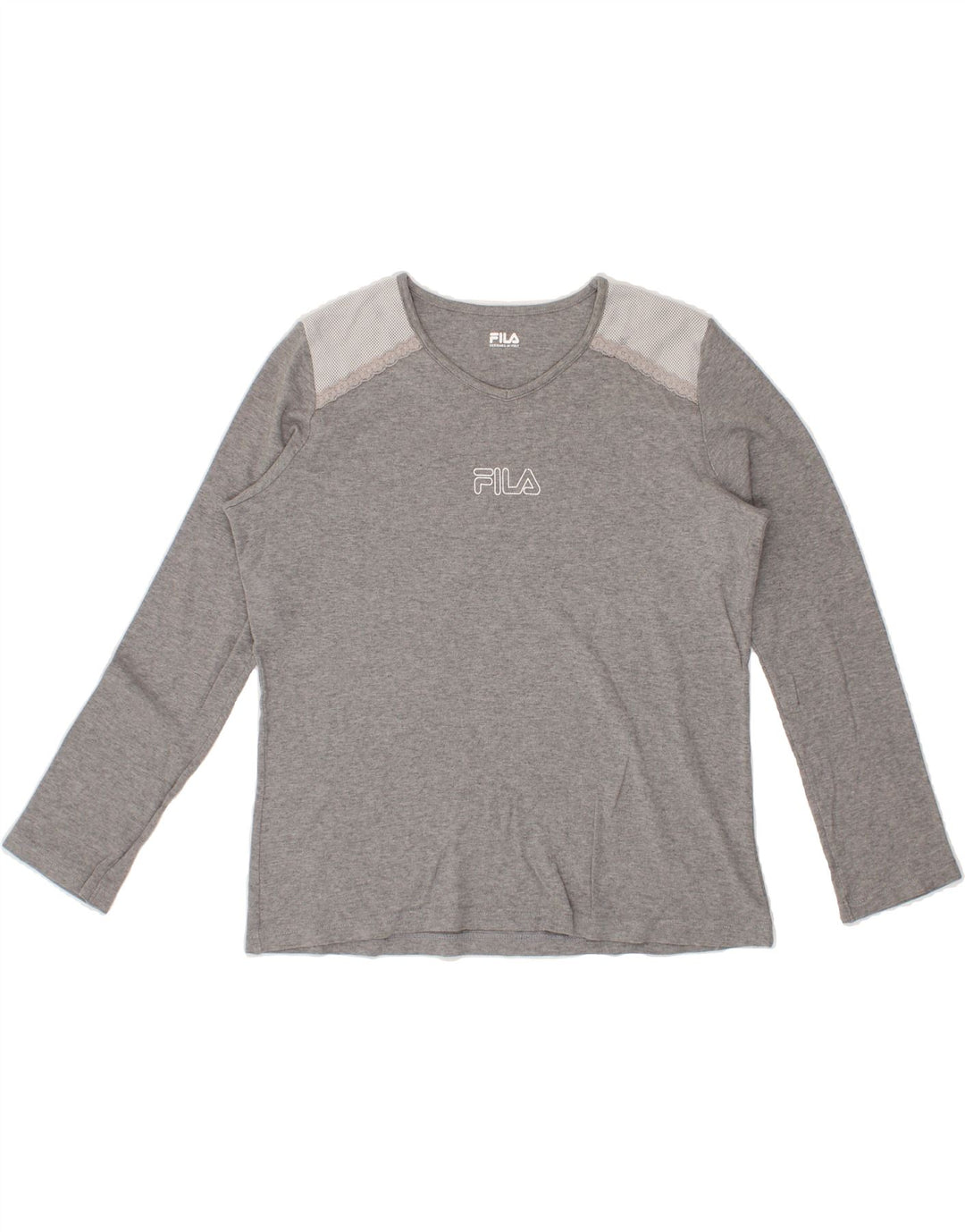 FILA Womens Graphic Top Long Sleeve UK 14 Large Grey Colourblock Vintage Fila and Second-Hand Fila from Messina Hembry 