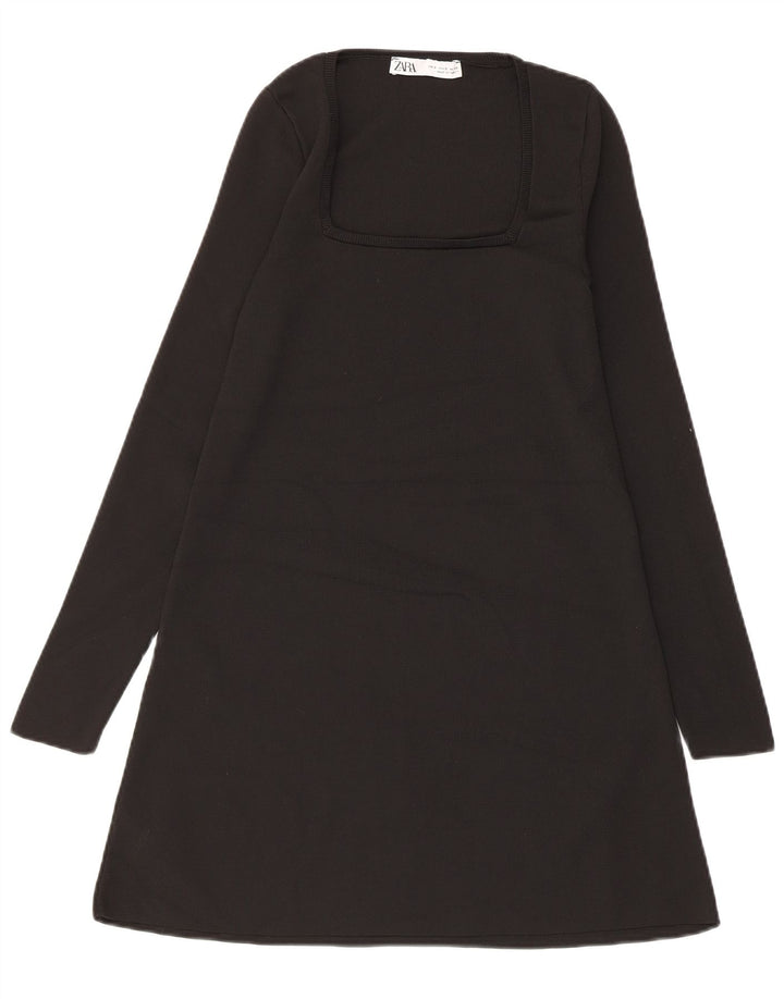 Abito a trapezio a maniche lunghe da donna Zara UK 10 piccolo poliestere nero