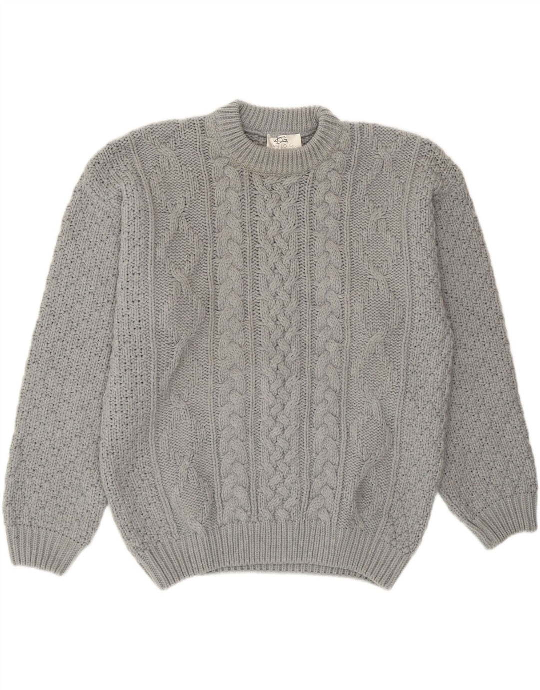 Maglione girocollo da uomo vintage in lana grigia grande