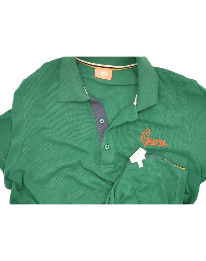 GURU Mens Graphic Polo Shirt Large Green Cotton | Vintage | Thrift | Second-Hand | Used Clothing | Messina Hembry 