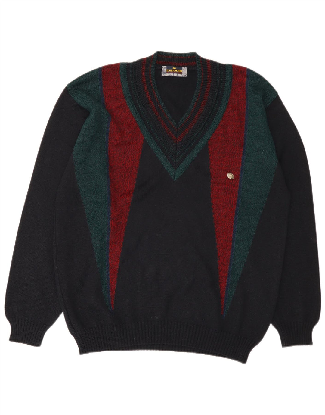 Maglione da uomo con scollo a V Il Granchio, grande, in lana color block blu navy