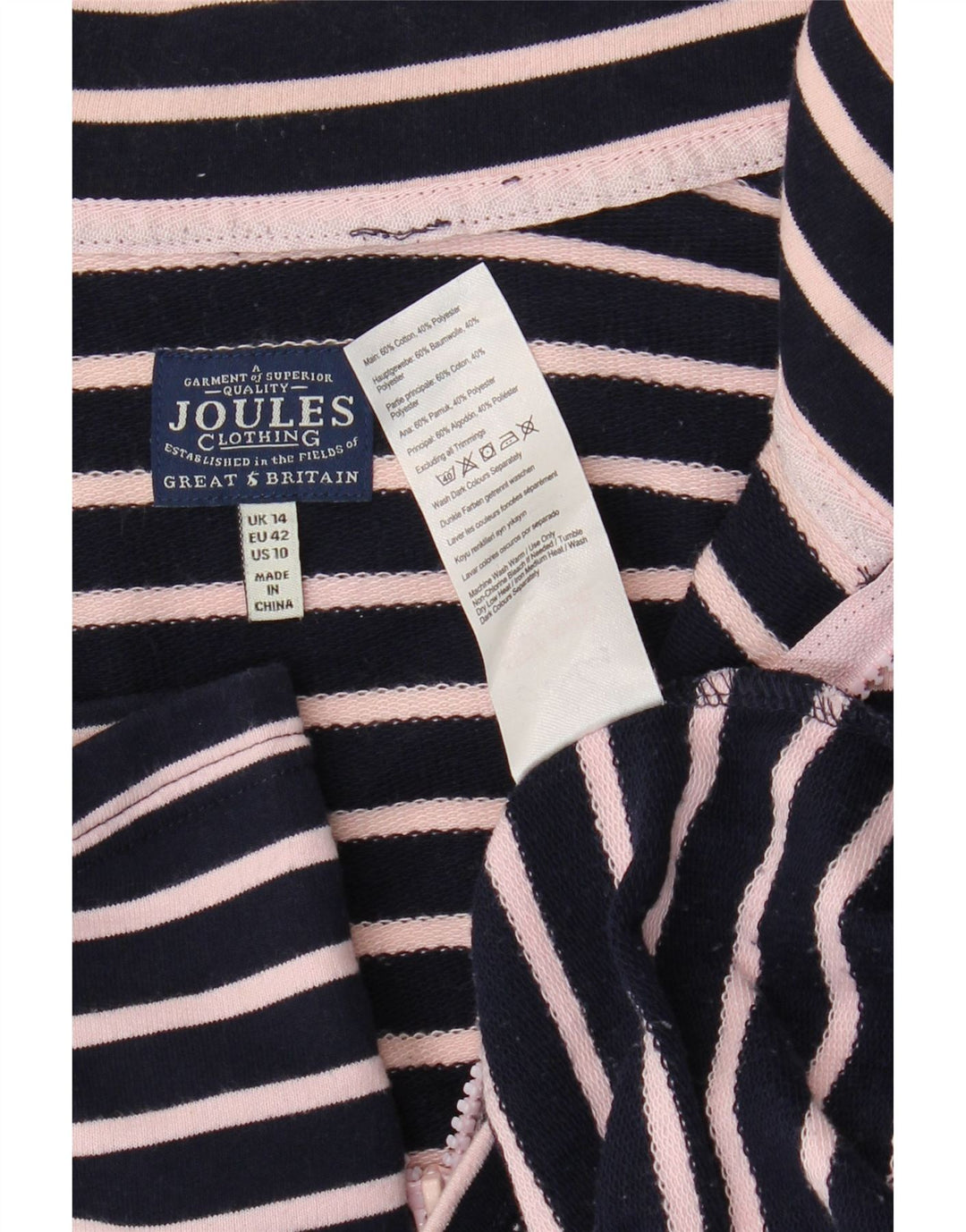 JOULES Felpa da donna con collo con zip, maglione UK 14, grande a righe blu navy