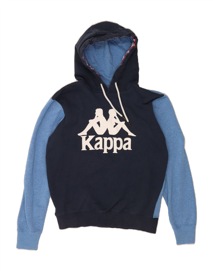 KAPPA Mens Graphic Hoodie Jumper Medium Navy Blue Colourblock Polyester Vintage Kappa and Second-Hand Kappa from Messina Hembry 