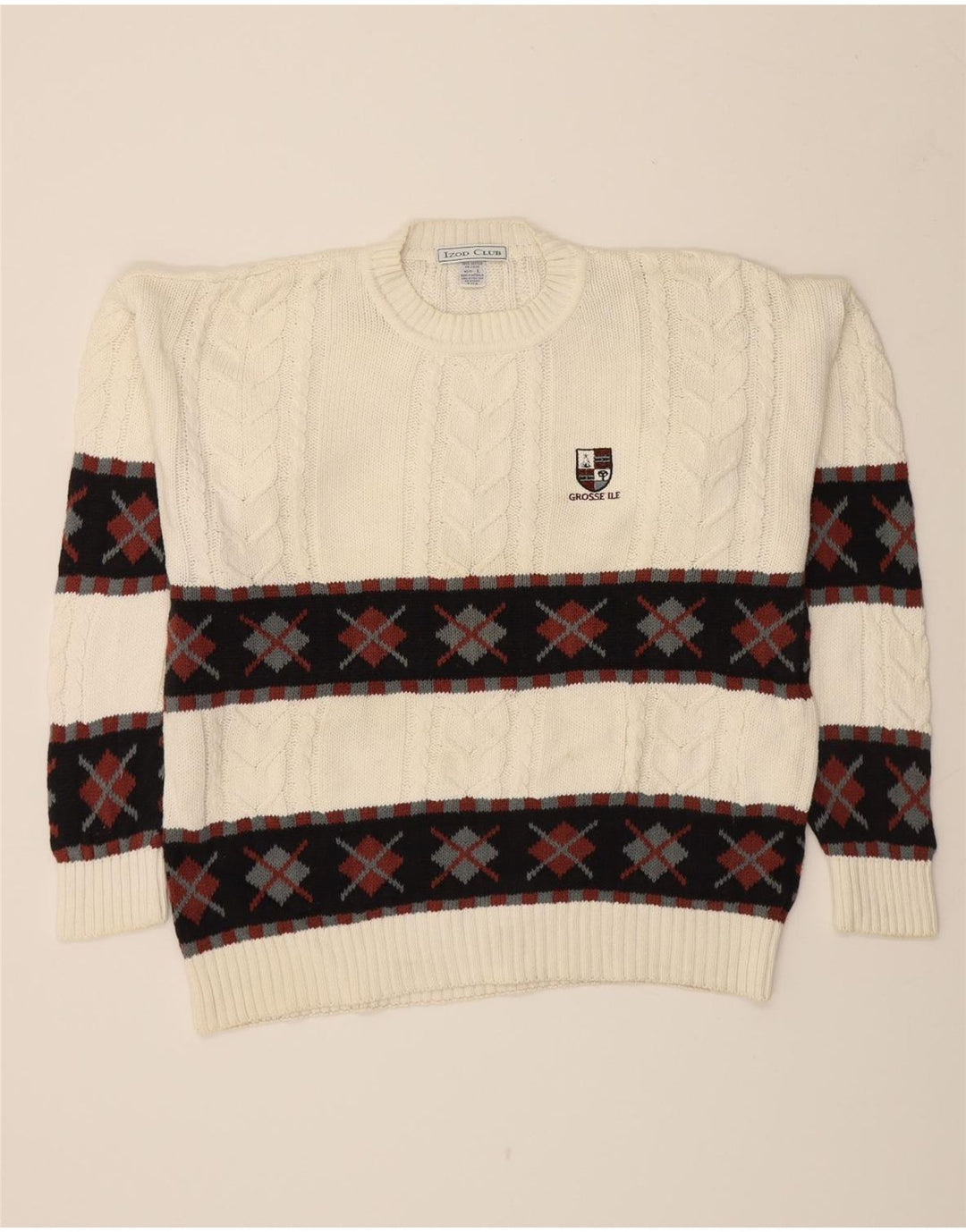 IZOD Mens Crew Neck Jumper Sweater Large White Fair Isle Cotton Vintage Izod and Second-Hand Izod from Messina Hembry 