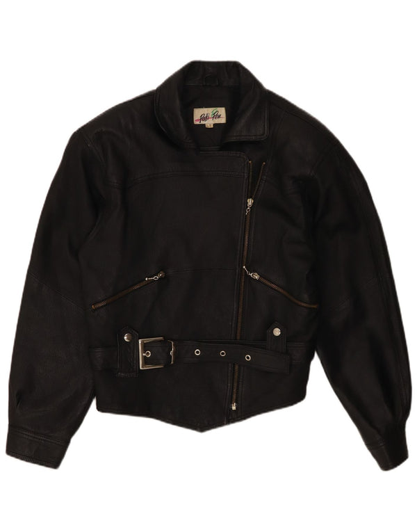 Giacca da motociclista in pelle da donna vintage UK 10 piccola in pelle nera